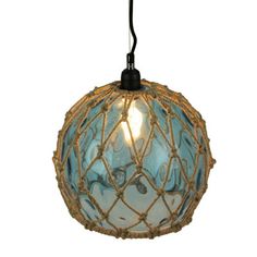 a light that is hanging from a rope and has a blue glass ball on it