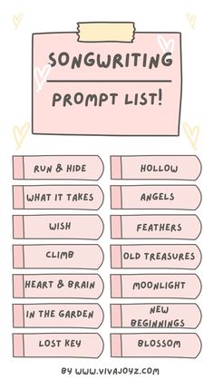 a pink sign that says songuriting prom list with the words, i'm and