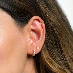 a close up of a person with ear piercings on their left and right ears