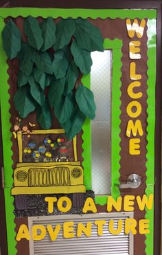 the door to a new adventure is decorated with paper leaves and trees, along with a welcome sign that reads welcome to a new adventure