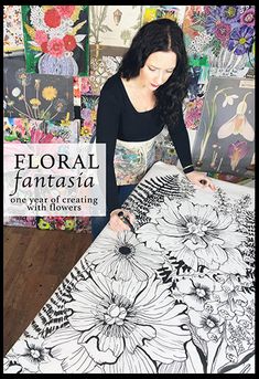 a woman is working on an art project with flowers in black and white, as well as the words floral fantassia