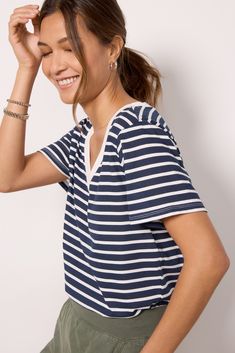 The striped Girlfriend tee by Z Supply will be your new favorite staple, featuring a relaxed v-neck silhouette in soft cotton fabric. You'll love it paired with denim, or tucked into a skirt for an elevated look. Belted Blazer, Short Denim Skirt, Dress Flats, Shoes For Leggings, A Skirt, Fall Shopping, Fit N Flare Dress, Romper Pants, Comfortable Dress