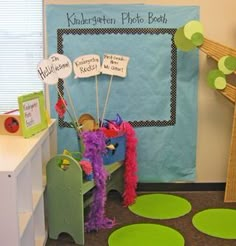 a classroom decorated with green and purple decorations