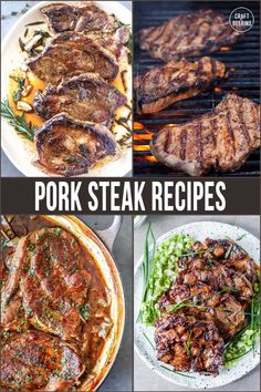 pork steaks on the grill with sauce and herbs