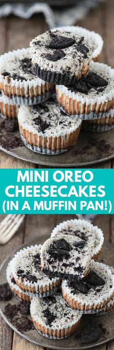 mini oreo cheesecakes in a muffin pan on a wooden table with text overlay