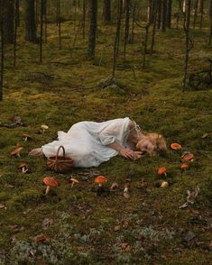 a woman in white dress laying on the ground next to mushrooms and holding a basket