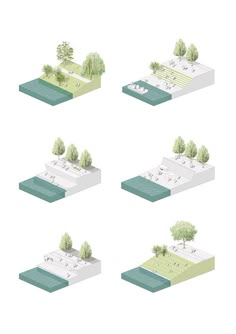 four different views of the same area with trees and houses on it, in various ways