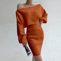 Slim Knitting Mini Dress TS71212 Click to shop now|Free stable shipping world-wide! Fitted Orange Knit Dress, Batwing Sleeve Pattern, Knitting Dress, Female Clothes, Elegant Attire, Dress Zipper, Batwing Sleeve, Dress For Women, Midi Dresses