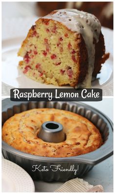 raspberry lemon cake with icing in a pan and on a white plate