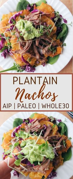 two plates filled with meat and veggies on top of each other, next to the words plantain nachos