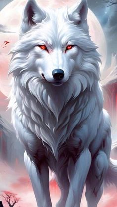 a white wolf with red eyes standing in front of a full moon