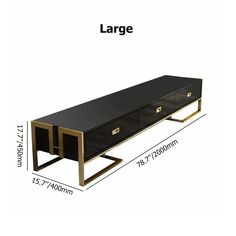 a black and gold coffee table with two drawers on each side, measurements for the top