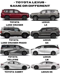 four different types of cars are shown in this graphic style, with the names and colors on