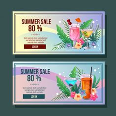 two summer sale banners with cocktails and tropical leaves