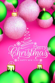 merry christmas and happy new year greeting card with green and pink ornaments on a pink background