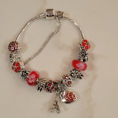 Silver Plated Charm Bracelet With Clasp And Zirconia Crystals And Red Beads Also Able To Add And Change Charms For Your Valentine Or Mother's Day Gifts #P1 Red Coquette Red, Red Bracelet, Red And Silver, Red Beads, Red Bracelets, Silver Charm Bracelet, Red Bead, Silver Bracelets, Silver Charms