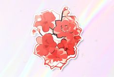 a sticker with red flowers in it on a pink background and some water droplets