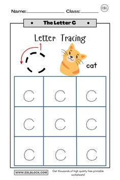 the letter c worksheet with an image of a cat and letters on it