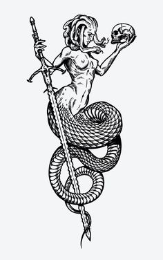 a black and white drawing of a mermaid holding a skull with a snake wrapped around it