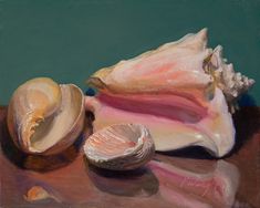 an oil painting of seashells on a table