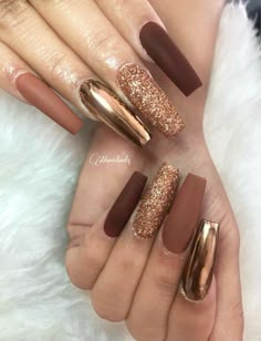 Lawyer Nails Design, Fall Patchwork Nails, Wedding Nails Coffin Shape, Nails With Chrome Accent, Thanksgiving Nails Brown, Thanksgiving Nails Acrylic Coffin, Uñas Beige Elegantes, October Birthday Nails, Sparkly Birthday Nails