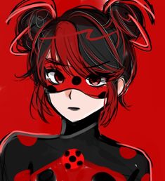 an anime character with red hair and black cats on her face, in front of a red background