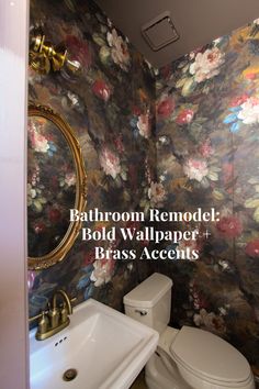 Sharing the reveal of my powder room remodel. This bathroom design features bold wallpaper, rich full gloss paint and luxe brass accents. Bold Wallpaper