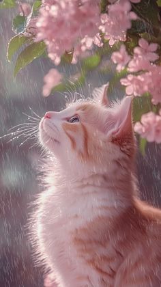 an orange and white cat looking up into the sky with pink flowers in the background