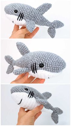 crocheted shark stuffed animal is shown in three different stages to make it look like they