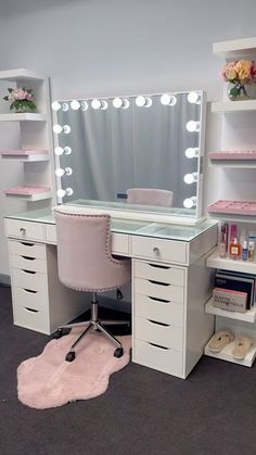 a desk with a mirror and lights on it