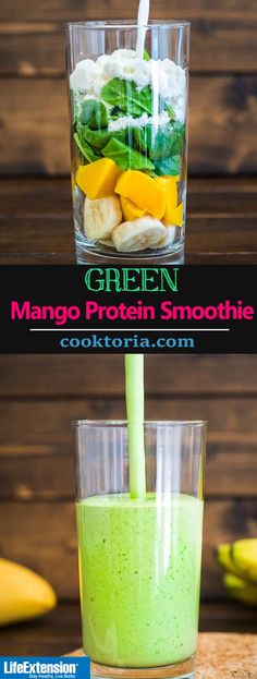 green mango protein smoothie in a glass with a straw sticking out of the top