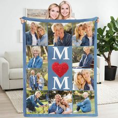 two women holding up a blue blanket with the word mom on it and pictures of them