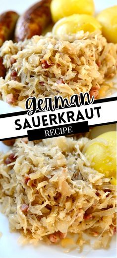 Collage of plateful of German sauerkraut with sausage and potatoes at top and bottom.