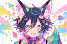 an anime character with colorful hair and cat ears, wearing a pink jacket that has sprinkles all over it