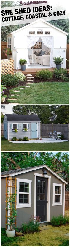 two pictures of a small shed with windows and doors