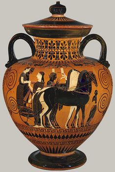 an ancient vase with horses and people on it