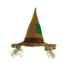 a small brown hat with green leaves on it's brim and fringes