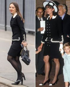 two pictures of the same woman in black and white outfits, one is holding a small child