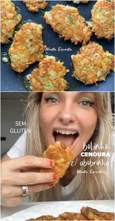 a woman is eating some food with her hands and mouth open to show it's ingredients