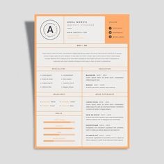 an orange and white resume template with a circle on the top, in front of a gray background