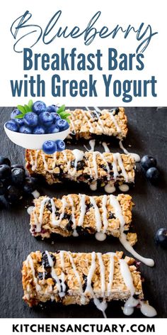 blueberry breakfast bars with greek yogurt and fresh berries are on the table