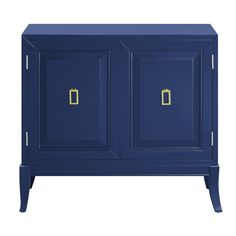 a blue cabinet with gold handles and two doors on the front, against a white background