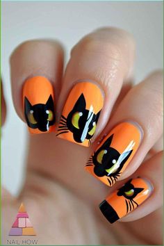 Cute black cat Halloween nail art on a vibrant orange base. Perfect for short nails and cat lovers alike. These easy Halloween nails are purr-fect for adding a touch of spooky charm. Visit nailhow.com for more creative designs and ideas. 🐱🎃 Short Halloween Nails, Easy Halloween Nails, Cat Nail Designs, Dark Nail Art, Silk Wrap Nails, Holloween Nails, Halloween Manicure, Halloween Nails Easy, Cat Nail