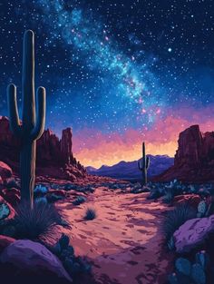 a painting of a desert scene with cacti and stars in the night sky