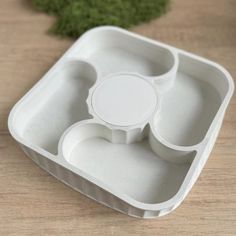 an empty plastic tray with four compartments on a table next to some green mossy plants