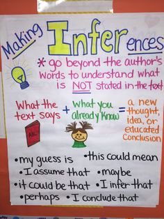 a bulletin board with writing on it that says, making inferences go beyond the author's words to understand what is not stated in the text