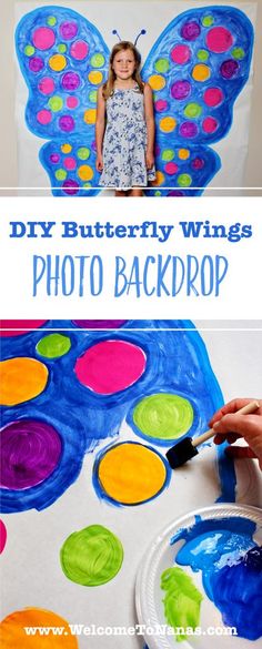 a child's hand holding a paintbrush next to an image of a butterfly