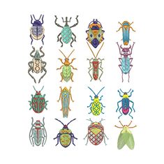 the embroidery designs for bugs are all different colors and sizes, but one is not very colorful