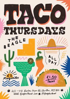 the poster for taco thursdays is shown in black, white and orange