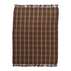 a brown and white plaid blanket with fringes